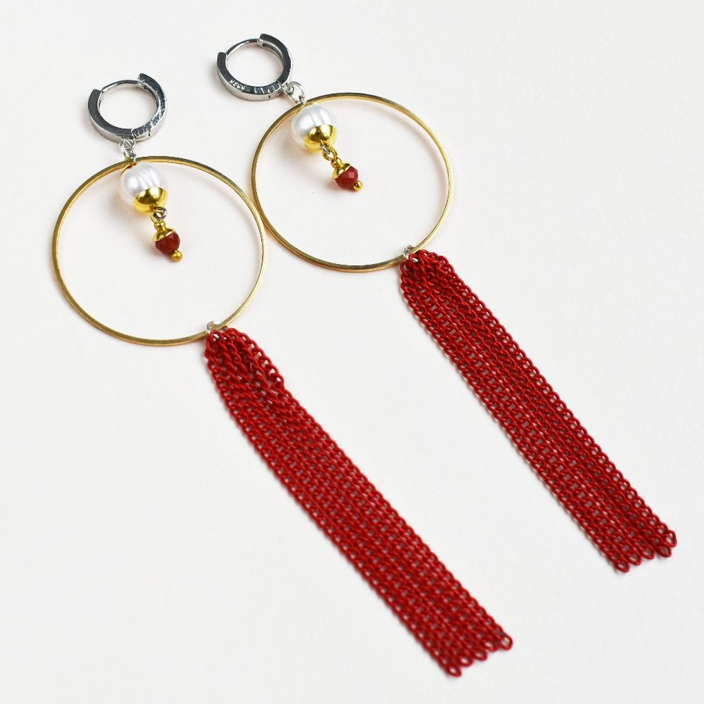 Long red tassel earrings, large lightweight party earrings